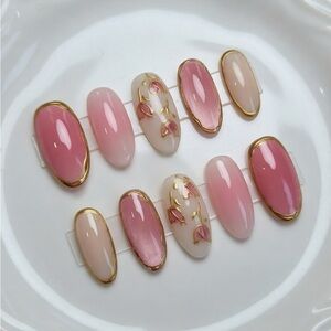 Pink Ombre and Gold Trim Press-On Nail Set - Women Makeup